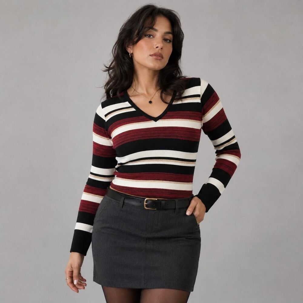 Y2K Office Siren Striped V Neck Knit Sweater Top Vintage 2001 Medium